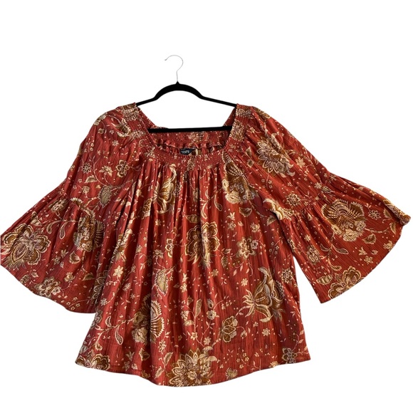 Chaps Floral Bell Sleeve Blouse - Rust and Cream - Picture 2 of 7